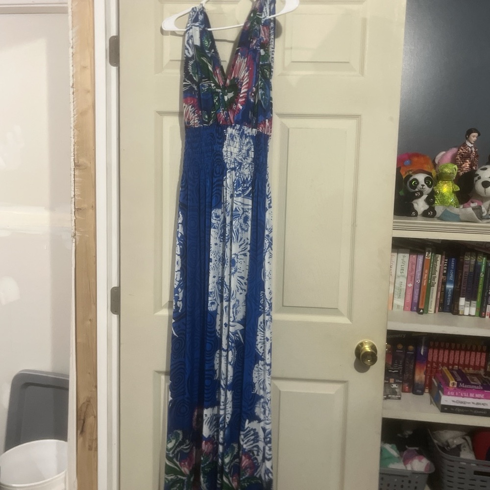 Floral Maxi Dress with Blue and White Patterns
